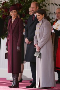 LONDON, ENGLAND - DECEMBER 3: Catherine, Princess of Wales, Prince William, Prince of Wales, The Amir of Qatar Sheikh Tamim bin Hamad Al Thani's wife Sheikha Jawaher attend a Ceremonial Welcome at Horse Guards Parade during day one of The Amir of the State of Qatar's visit to the United Kingdom on December 3, 2024 in London, England. His Highness Sheikh Tamim bin Hamad Al Thani, Amir of the State of Qatar, accompanied by Her Highness Sheikha Jawaher bint Hamad bin Suhaim Al Thani, will hold several engagements with The Prince and Princess of Wales, The King and Queen as well as political figures. (Photo by Kin Cheung-WPA Pool/Getty Images)