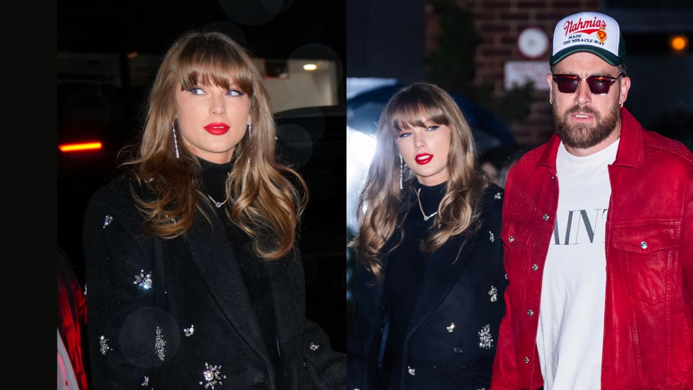 Taylor Swift  simkhai coat, stella mccartney bag purse, and boyfriend kansas city chiefs football player Travis Kelce are seen on December 28, 2024 in New York City.