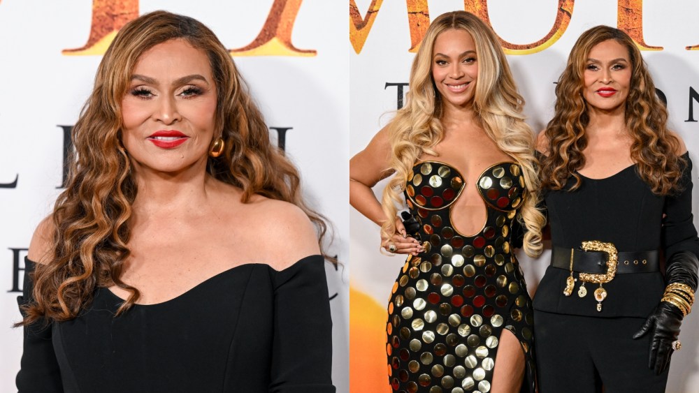Tina Knowles and Beyoncé at the “Mufasa: The Lion King” premiere on Dec. 9 in Los Angeles, Balmain gown, Amsale pantsuit, red carpet