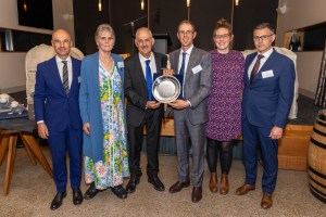 VBC CEO Alessandro Barberis Canonico, 2024 Wool Excellence Award winners Marilyn, Everard, Matthew and Tatjana Linke, and VBC raw material procurement manager Davide Fontaneto.