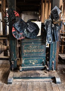 An antique wool press inside the woolshed at Winton, Tasmania. 
