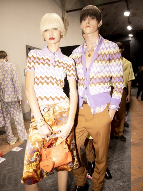 Backstage at Versace Spring 2025 Ready-To-Wear Collection at Milan Fashion Week.