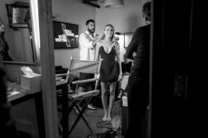 Podcaster Alex Cooper talks with host Seth Meyers backstage on July 8, 2024.