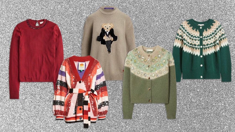 five various christmas sweaters arranged artfully over a shimmering grey background