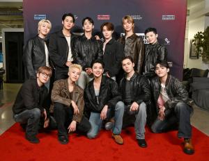 In this image released on December 12, 2024, Wonwoo, Hoshi, Joshua Hong, Vernon, S.Coups, (Back row) Seungkwan, Mingyu, DK, Dino, The8, Woozi from the K-pop Band Seventeen at 2024 Billboard Music Awards.