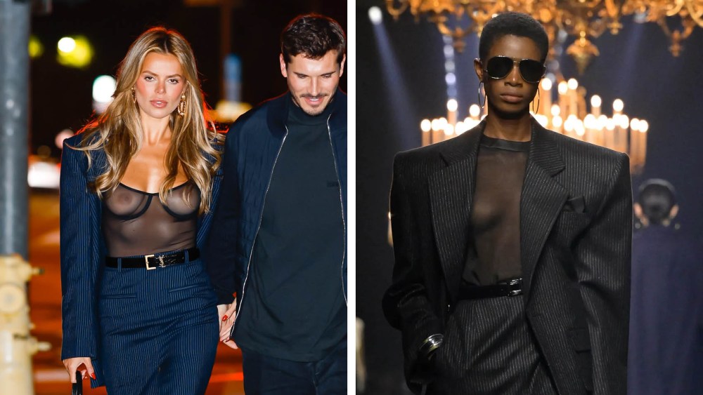 saint laurent fall 2023 runway, Brooks Nader wears sheer saint laurent suit and Gleb Savchenko are seen on Dec. 27, 2024 in Los Angeles.
