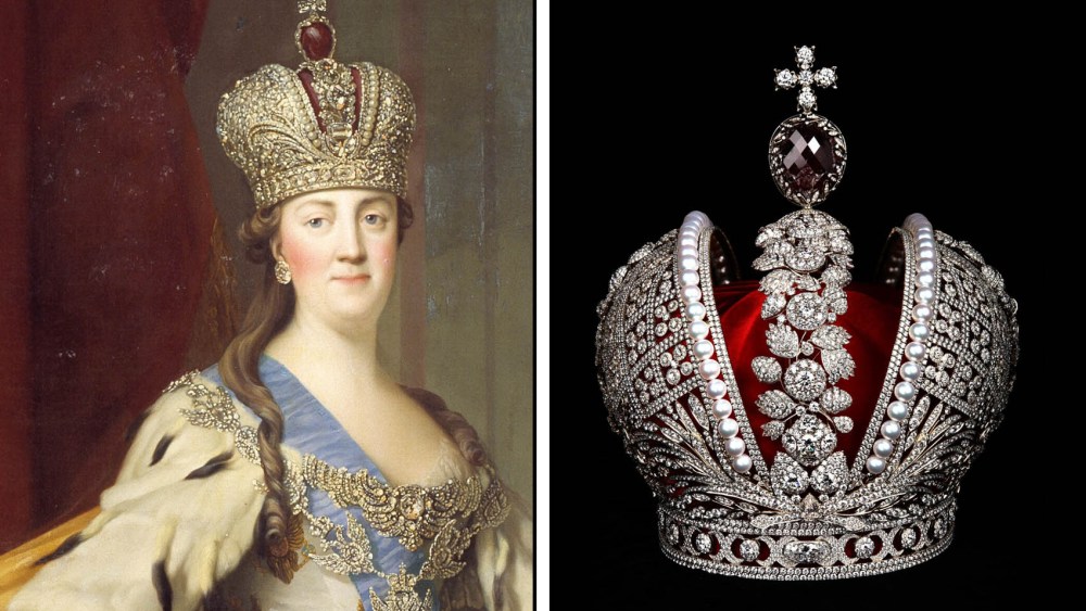 The Imperial Crown of Catherine II the Great. Found in the collection of State Hermitage, St. Petersburg. (Photo by Fine Art Images/Heritage Images/Getty Images), Portrait of Empress Catherine II (1729-1796) in Her Coronation Robes, 1766. Found in the collection of Statens Museum for Kunst, Copenhagen. Artist Erichsen (Eriksen), Vigilius (1722-1782).