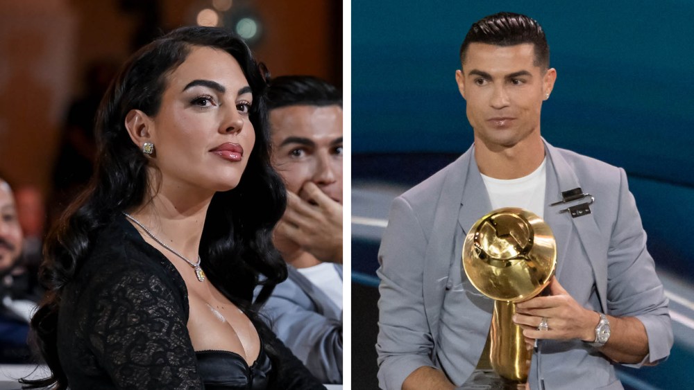 Al-Nassr player Cristiano Ronaldo wears givenchy harness suit and receives an award during the Globe Soccer Dubai Awards 2024 as a part of the Dubai International Sports Conference 2024 in Dubai, wife girlfriend georgina rodriguez