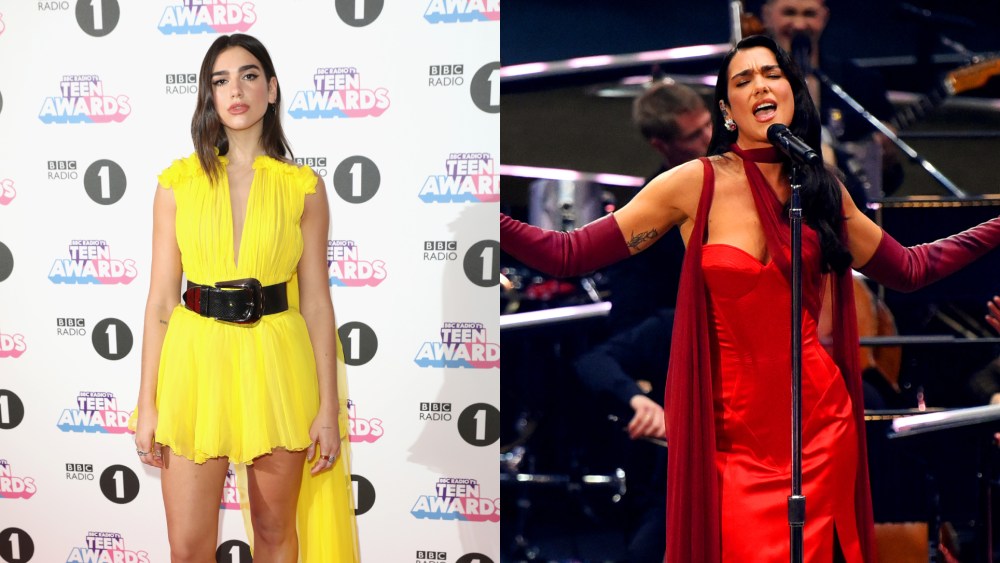 Dua Lipa's style evolution: (L) The singer at the BBC Radio 1 Teen Award in 2017, (R) recoring her Christmas special at the Royal Albert Hall in London in 2024.