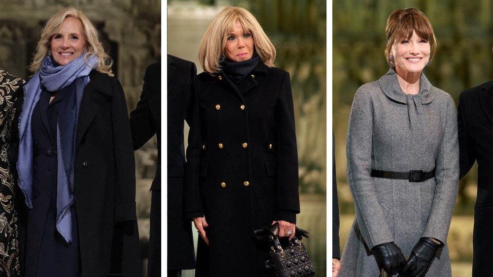 lady dior handbags, Carla Bruni, brigitte macron, jill biden, French President Emmanuel Macron (R) and his wife Brigitte Macron (L) pose with First Lady of the United States Jill Biden (CR) and her daughter Ashley Biden (CL) outside Notre-Dame Cathedral ahead of a ceremony to mark the re-opening of the landmark cathedral, in central, Paris on Dec. 7, 2024.