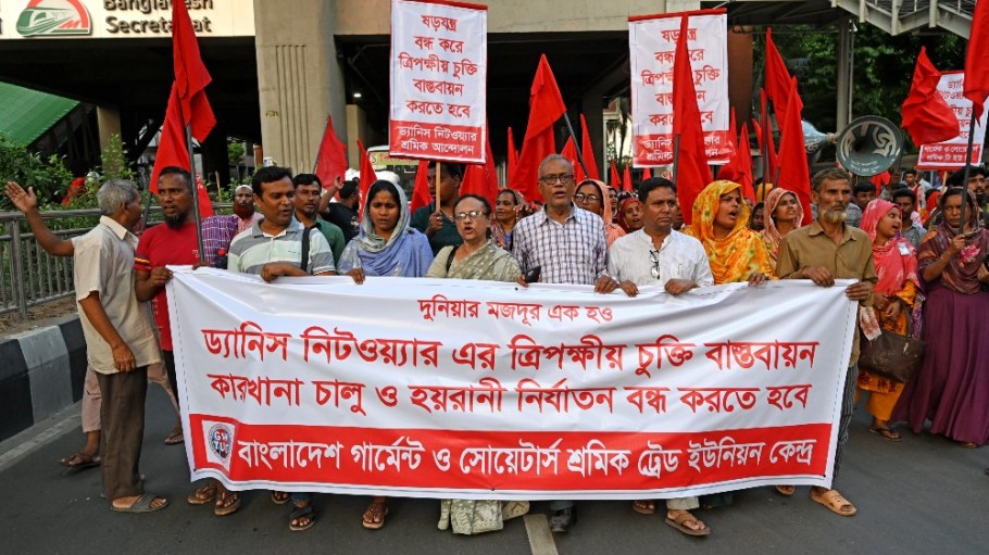 Garment workers protesting outside of a factory in Dhaka earlier this year.