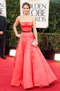 Jennifer Lawrence in Dior arrives at the 70th Annual Golden Globe Awards held at The Beverly Hilton Hotel on January 13, 2013.