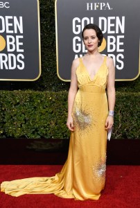 Claire Foy in Miu Miu attends the 76th Annual Golden Globe Awards at The Beverly Hilton Hotel on January 6, 2019.