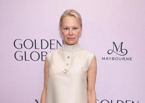 Pamela Anderson at Golden Globes First-Time Nominee Luncheon at Maybourne Beverly Hills on December 17, 2024 in Los Angeles, California.