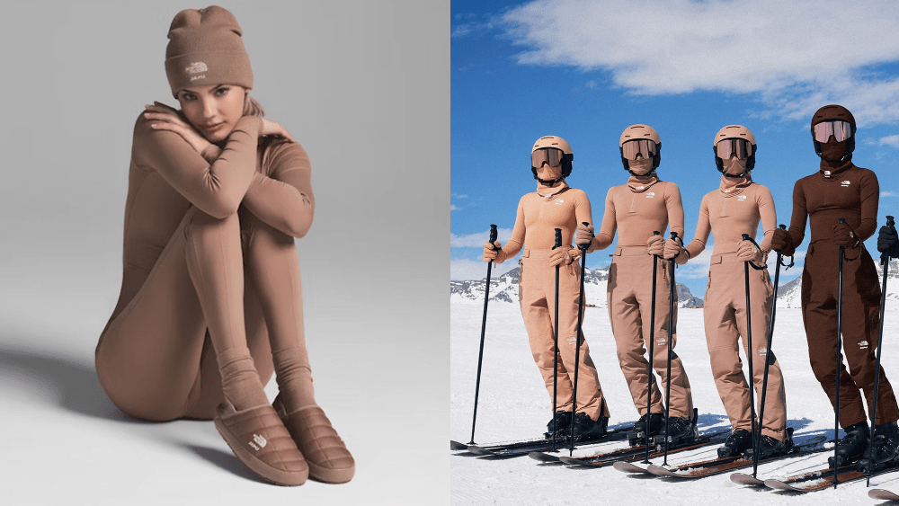 woman sitting down while wearing a light brown set from the brand skims next to a photo of four women wearing similar sets in a skiing setup