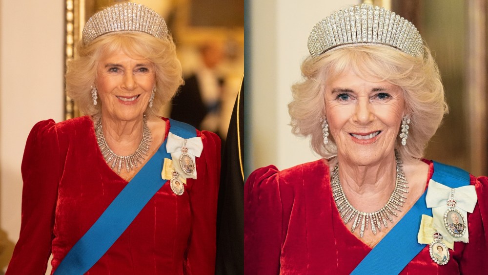 Queen Camilla, Fiona Clare, Kokoshnik Tiara, state dinner, Buckingham Palace