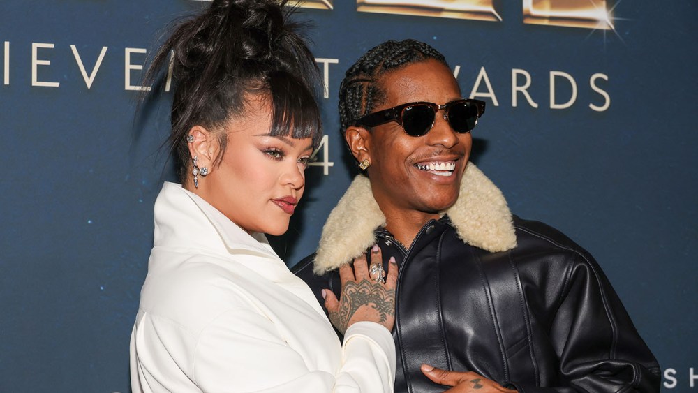 NEW YORK, NEW YORK - DECEMBER 04: (L-R) Rihanna and A$AP Rocky attend the 38th Annual Footwear News Achievement Awards at Cipriani South Street on December 04, 2024 in New York City. (Photo by Dia Dipasupil/Getty Images)