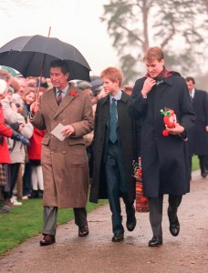 Prince Charles, Prince Harry, and Prince William attend the annual Christmas Day service at Sandringham Church, on December 25 1998 in Sandringham, England.