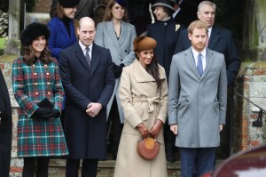 Princess Beatrice, Princess Eugenie, Princess Anne, Princess Royal, Prince Andrew, Duke of York, Prince William, Duke of Cambridge, Catherine, Duchess of Cambridge, Meghan Markle and Prince Harry attend Christmas Day Church service at Church of St Mary Magdalene on December 25, 2017 in King's Lynn, England.
