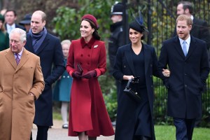 Britain's Prince Charles, Prince of Wales, Britain's Prince William, Duke of Cambridge, Britain's Catherine, Duchess of Cambridge, Meghan, Duchess of Sussex and Britain's Prince Harry, Duke of Sussex arrive for the Royal Family's traditional Christmas Day service at St Mary Magdalene Church in Sandringham, Norfolk, eastern England, on December 25, 2018.