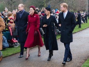 Prince William, Duke of Cambridge, Catherine, Duchess of Cambridge, Meghan, Duchess of Sussex and Prince Harry, Duke of Sussex attend Christmas Day Church service at Church of St Mary Magdalene on the Sandringham estate on December 25, 2018 in King's Lynn, England.