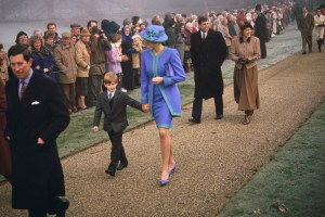 British royals Prince Charles, Prince Harry, Diana, Princess of Wales, wearing a blue and turquoise suit by Catherine Walker, with a matching hat, Prince Andrew, Duke of York, and Sarah, Duchess of York attend the Christmas Day church service at St Mary Magdalene Church in Sandringham, Norfolk, England, 25th December 1991.