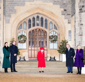 Catherine, Duchess of Cambridge, Prince William, Duke of Cambridge, Queen Elizabeth II, Prince Charles, Prince of Wales, Camilla, Duchess of Cornwall  wait to thank local volunteers and key workers for the work they are doing during the coronavirus pandemic and over Christmas in the quadrangle of Windsor Castle on December 8, 2020 in Windsor, England