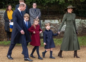 Prince William, Prince of Wales, Prince George, Princess Charlotte, Prince Louis and Catherine, Princess of Wales attend the Christmas Day service at Sandringham Church on December 25, 2022 in Sandringham, Norfolk. King Charles III ascended to the throne on September 8, 2022, with his coronation set for May 6, 2023.