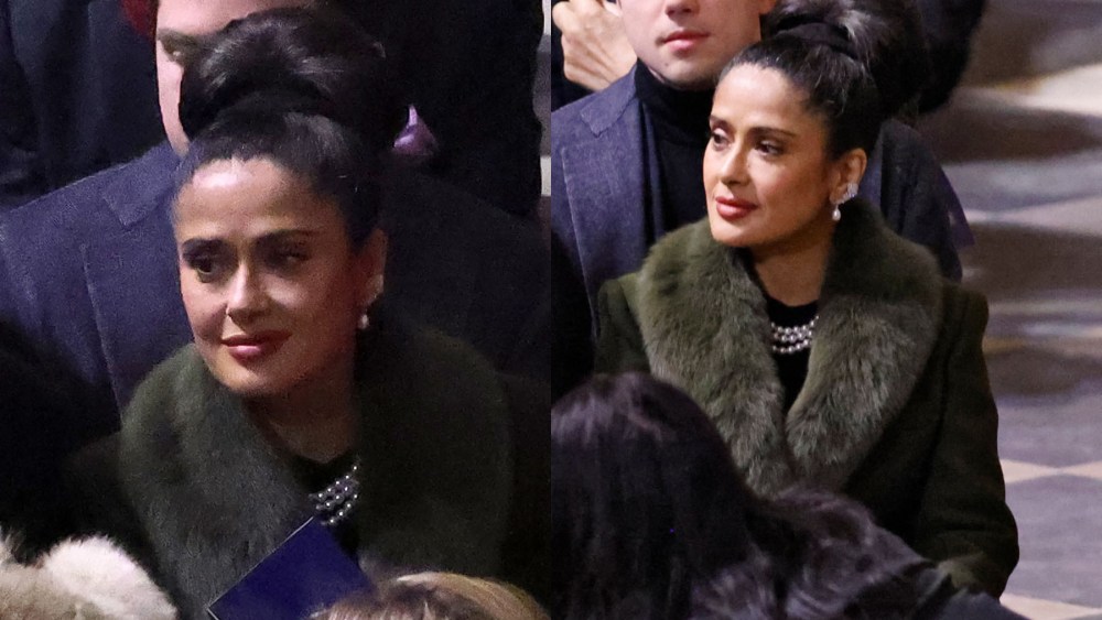 Salma Hayek sits inside Notre-Dame Cathedral ahead of a ceremony to mark the re-opening of the landmark cathedral, in central Paris, on Dec. 7, 2024.