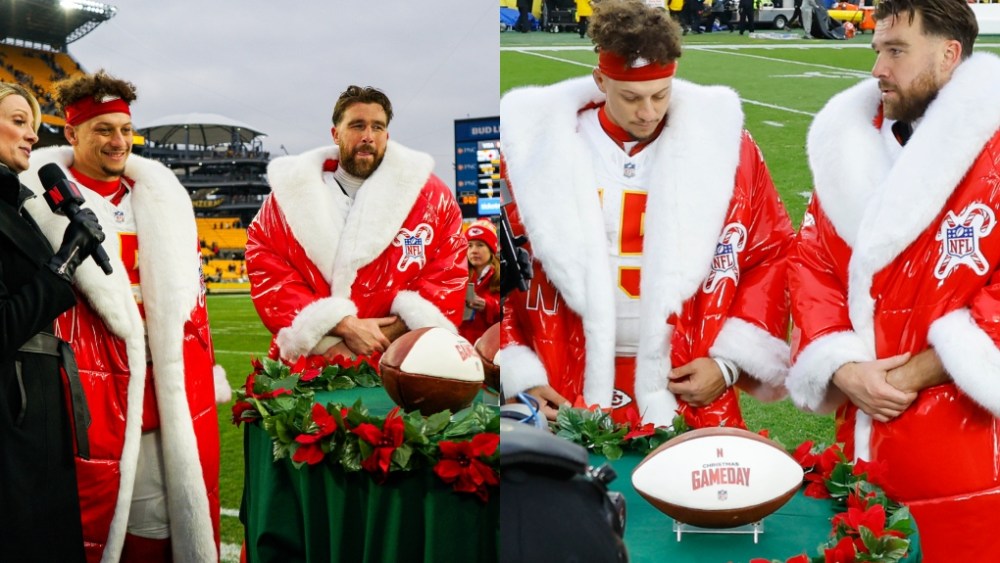 santa claus outfits, Kansas City Chiefs quarterback Patrick Mahomes (15) and Kansas City Chiefs tight end Travis Kelce (87) after the game between the Kansas City Chiefs and Pittsburgh Steelers.