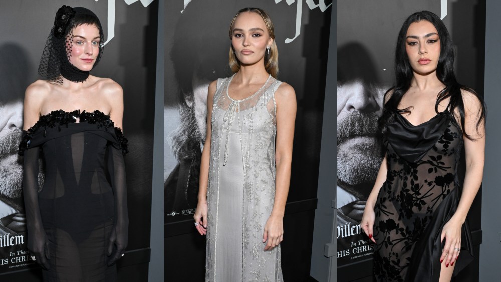 celebrity sheer dressing fashion trends, Emma Corrin, Lily-Rose Depp and Charli XCX at the Nosferatu premiere on Dec. 12 in Los Angeles.