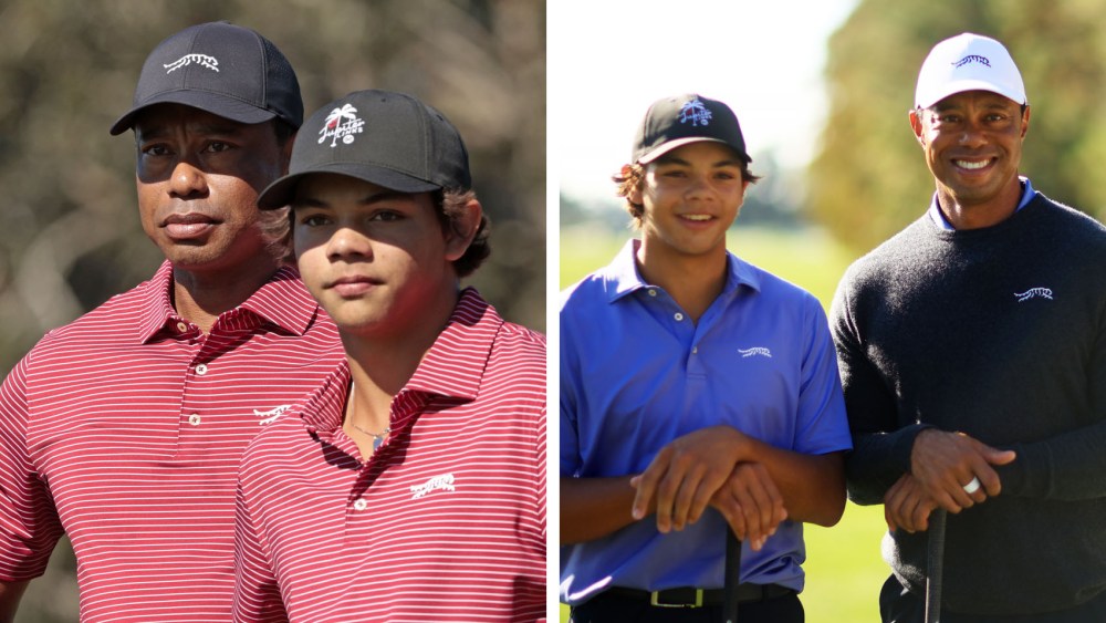 Tiger Woods of the United States and his son Charlie Woods react to a putt on the first green during the second round of the PNC Championship at Ritz-Carlton Golf Club on December 22, 2024 in Orlando,