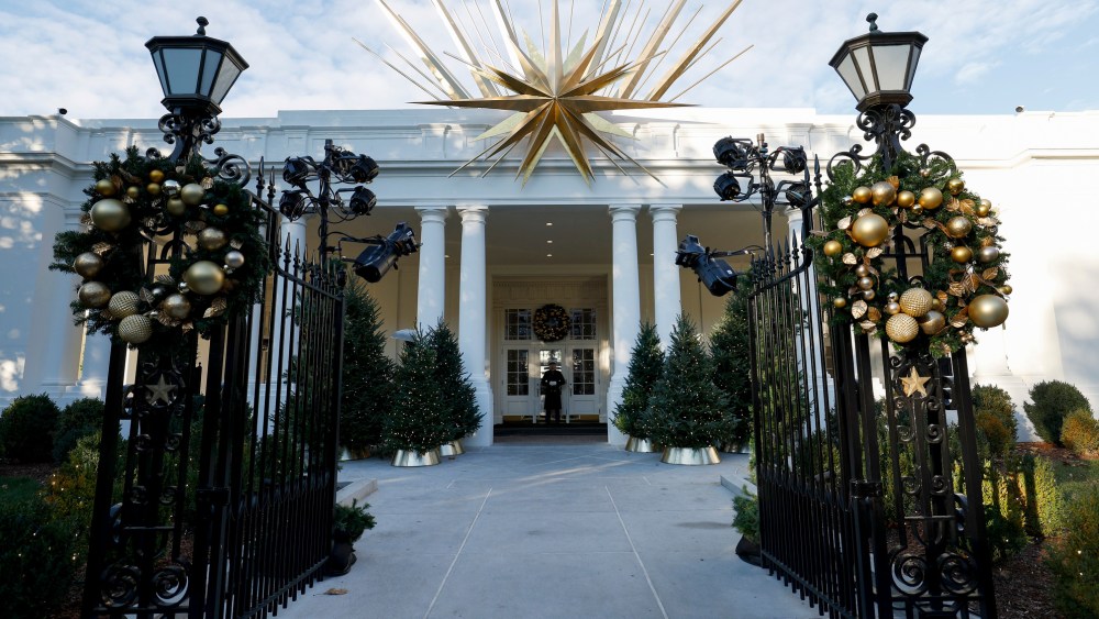 Holiday decorations are seen surrounding the East Wing entrance of the White House during a media preview of the 2024 holiday decorations on December 02, 2024 in Washington, DC.