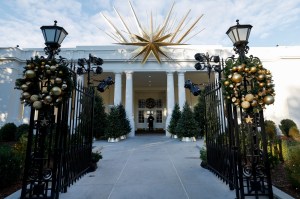 Holiday decorations are seen surrounding the East Wing entrance of the White House during a media preview of the 2024 holiday decorations on December 02, 2024 in Washington, DC.