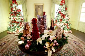 Holiday decorations are seen in the Vermeil Room during a media preview of the 2024 holiday decorations at the White House on December 02, 2024 in Washington, DC.