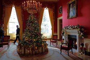 Holiday decorations are seen in the Red Room during a media preview of the 2024 holiday decorations at the White House on December 02, 2024 in Washington, DC.