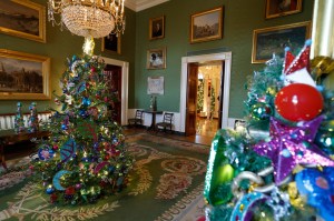 Holiday decorations are seen in the Green Room during a media preview of the 2024 holiday decorations at the White House on December 02, 2024 in Washington, DC.