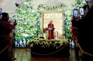 U.S. First lady Jill Biden speaks during a reception in the East Room of the White House on December 02, 2024 in Washington, DC. The event was attended by volunteers who helped decorate the White House for the holidays.