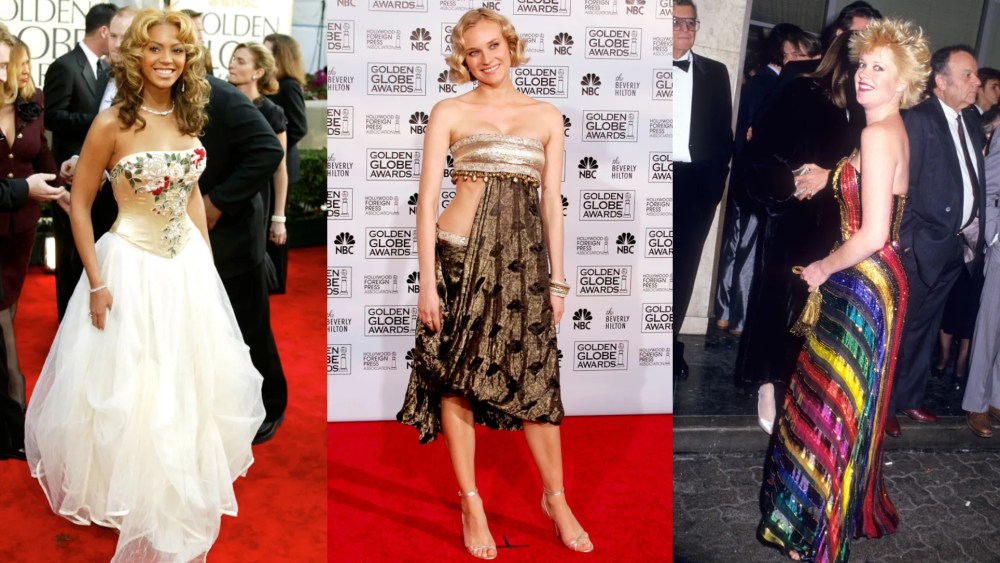 Worst Dressed in Golden Globes History, Beyoncé in Les Habitudes, Diane Kruger in Marchesa and Melanie Griffith in a rainbow dress.