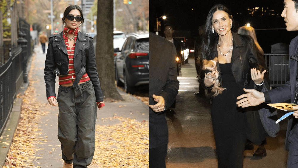 two women shown side by side, with one strutting down a street lined by fallen leaves and the other in an all black outfit holding a dog