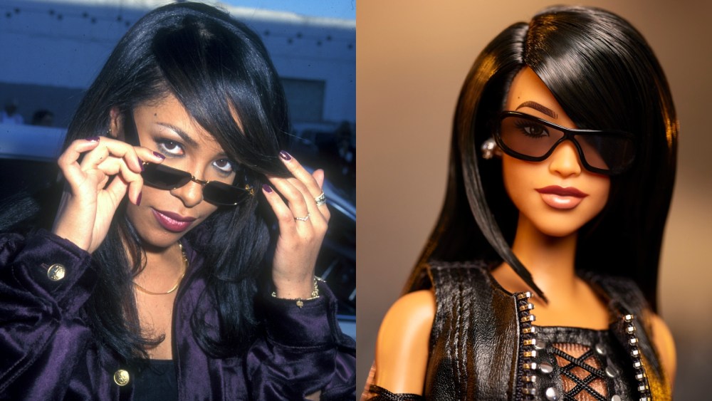Aaliyah in 1997; Mattel's Aaliyah Barbie doll.