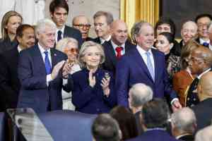 WASHINGTON, DC - JANUARY 20: Former President Bill Clinton (L), former US Secretary of State Hillary Clinton (2-L) and former US President George W. Bush (3-L) attend the United States Capitol on January 20, 2025 in Washington, DC. Donald Trump takes office for his second term as the 47th President of the United States. (Photo by Shawn Thew-Pool/Getty Images)
