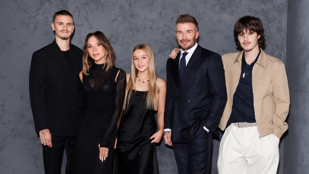 Romeo Beckham, Victoria Beckham, Harper Beckham, David Beckham and Cruz Beckham at the Boss One event in London