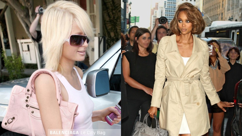 Paris Hilton and Tyra Banks in Balenciaga's Le City Paparazzi campaign, handbag, Y2K, 2000s