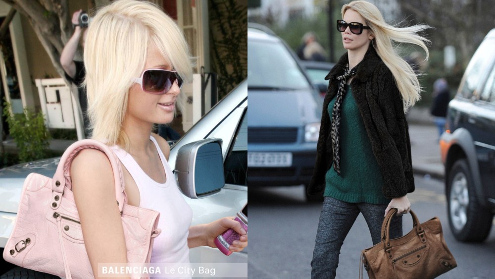 Paris Hilton and Claudia Schiffer in Balenciaga's Le City paparazzi campaign, handbag, Y2K, 2000s