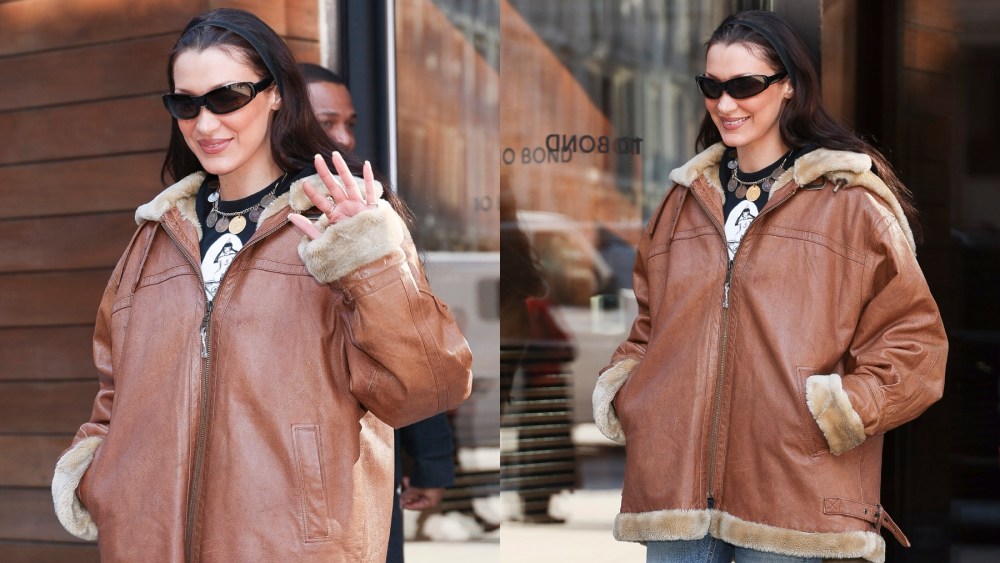 Bella Hadid in New York on Jan. 22, skinny jeans, shearling jacket, vintage
