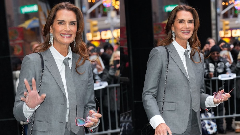 Brooke Shields is seen leaving "Good Morning America" on Jan. 13 in New York, Thom Browne suit, Chanel bag