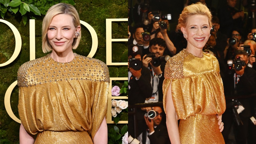 Cate Blanchett during the 2025 Golden Globes on Jan. 5 in Beverly Hills; Cate Blanchett at the premiere of "Rumours" during the 2024 Cannes Film Festival, Louis Vuitton, red carpet, sustainable