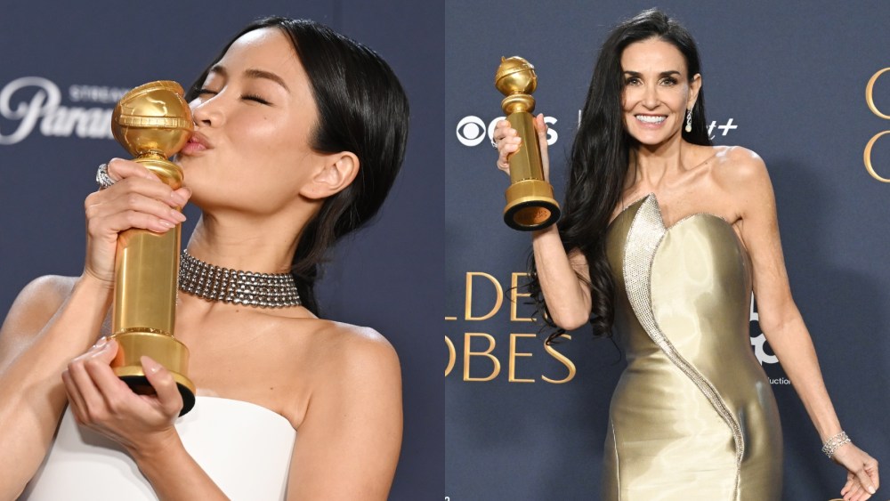 Anna Sawai and Demi Moore during the 2025 Golden Globes on Jan. 5 in Beverly Hills, Dior, red carpet, Armani Privé