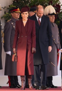 LONDON, ENGLAND - DECEMBER 03: Catherine, Princess of Wales and Prince William, Prince of Wales attend the Ceremonial Welcome at Horse Guards Parade during day one of The Amir of the State of Qatar's visit to the United Kingdom on December 03, 2024 in London, England. His Highness Sheikh Tamim bin Hamad Al Thani, Amir of the State of Qatar, accompanied by Her Highness Sheikha Jawaher bint Hamad bin Suhaim Al Thani, will hold several engagements with The Prince and Princess of Wales, The King and Queen as well as political figures. (Photo by Samir Hussein/WireImage)